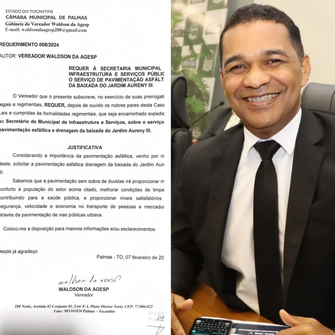 Vereador Waldson da Agesp solicita pavimentação asfáltica na baixada do Aureny III, na região Sul de Palmas